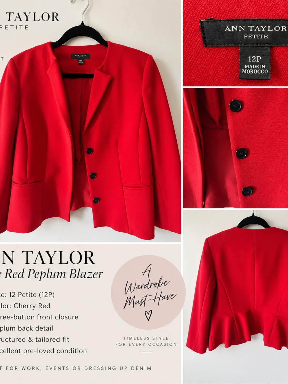 Ann Taylor Petite Cherry Red Blazer | Size 12P
